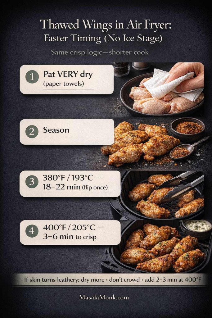Thawed chicken wings in an air fryer timing guide (no ice stage): 1) Pat wings very dry with paper towels, 2) Season, 3) Air fry at 380°F / 193°C for 18–22 minutes, flipping once, 4) Crisp at 400°F / 205°C for 3–6 minutes. Tip shown: if skin turns leathery, dry more, don’t crowd, and add 2–3 minutes at 400°F. MasalaMonk.com