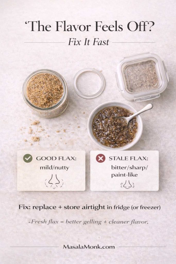 Vertical troubleshooting infographic titled “The Flavor Feels Off? Fix It Fast” showing a jar of ground flaxseed meal, a bowl of flax gel with a spoon, and an airtight container on a light background. It explains a quick smell test: GOOD flax smells mild/nutty, while STALE flax smells bitter/sharp/paint-like. It advises to replace stale flax and store flax meal airtight in the fridge or freezer for cleaner flavor and better gelling. MasalaMonk.com branding.