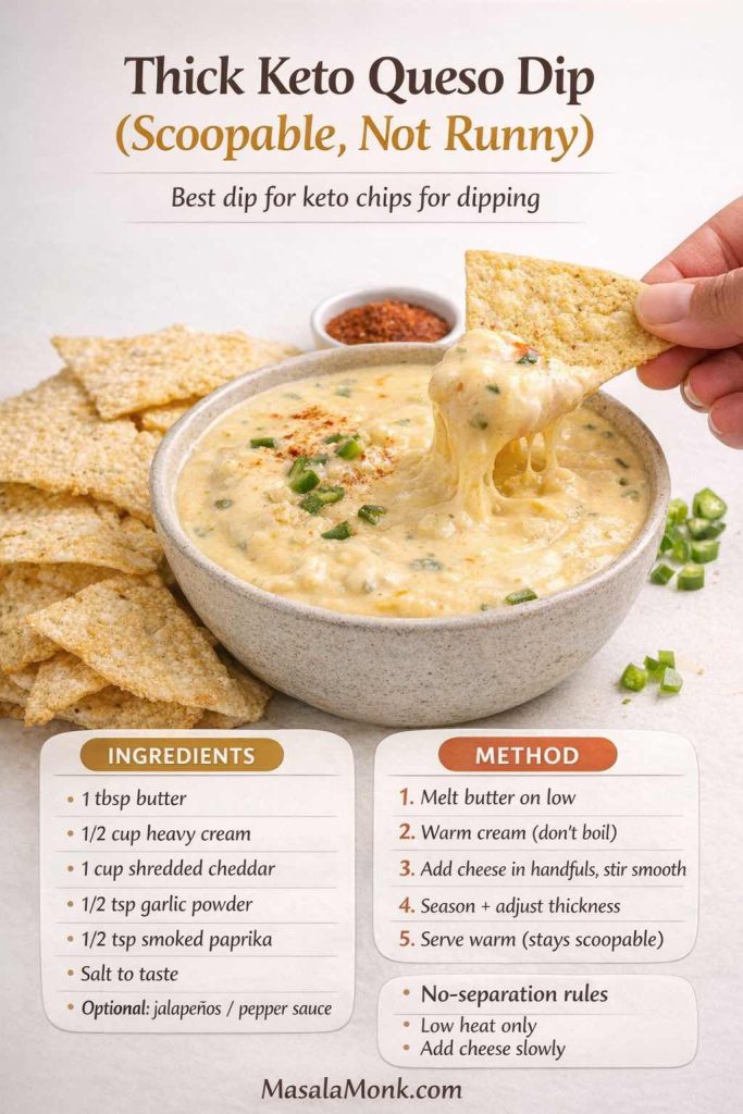 Recipe card infographic for Thick Keto Queso Dip (Scoopable, Not Runny). A hand dips a keto chip into a bowl of thick, cheesy queso with melted cheese pull and chopped jalapeños. Overlay shows ingredients (butter, heavy cream, shredded cheddar, garlic powder, smoked paprika, salt; optional jalapeños/pepper sauce) and method: melt butter, warm cream, add cheese slowly, season, serve warm. MasalaMonk.com footer.