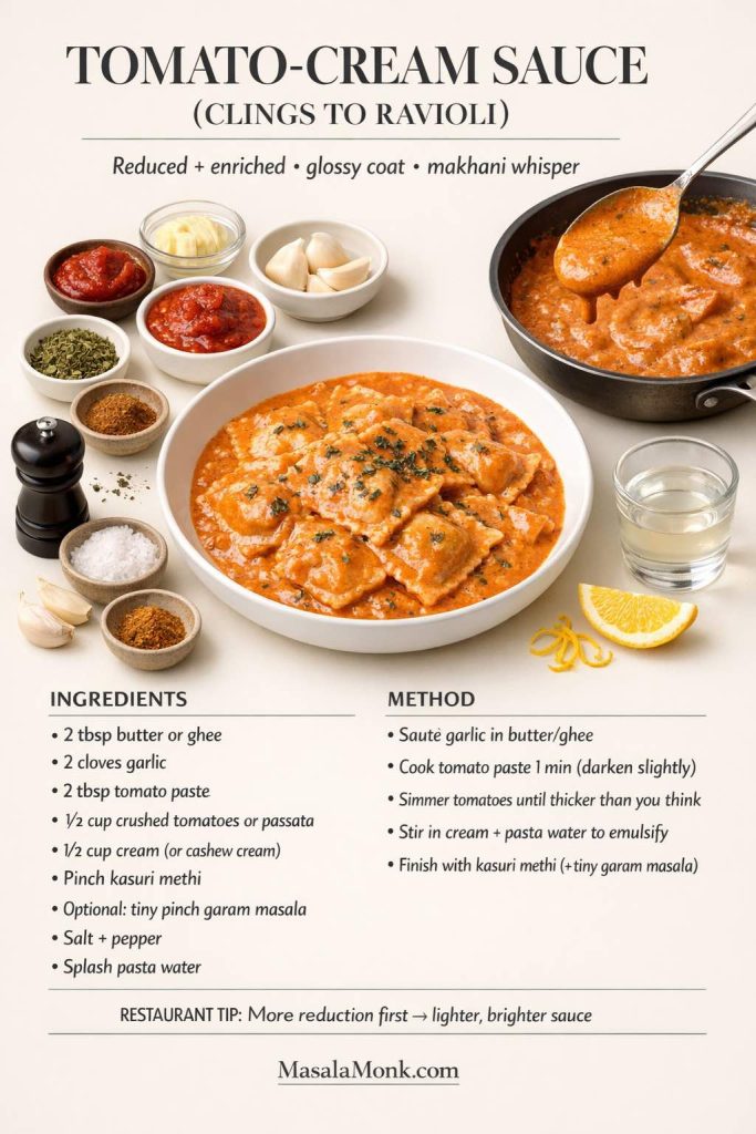 If your sauce keeps sliding off ravioli, this tomato-cream ravioli sauce fixes it. The trick is tomato paste + reduction first, then cream + a splash of pasta water for that glossy, clingy coat. Finish with kasuri methi (and a tiny pinch of garam masala if you want a quiet makhani vibe). Save this for cheese ravioli, lobster/crab ravioli, or any store-bought ravioli that needs a “restaurant” upgrade.