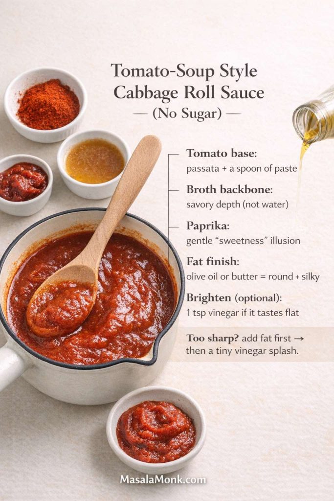 Tomato-soup style cabbage roll sauce in a small pot on a cream background with paprika, tomato paste, broth, and olive oil nearby. Text overlay lists the formula: passata + paste, broth for savory depth, paprika for “sweetness,” finish with olive oil or butter, and optional vinegar to brighten if the sauce tastes flat.