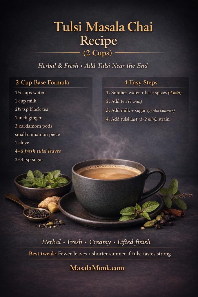 Tulsi masala chai recipe card in a dark luxe editorial style showing a steaming cup of chai with fresh tulsi leaves, ginger, cardamom, and whole spices, plus a 2-cup ingredient formula and 4-step stovetop method with a tip to add tulsi near the end.