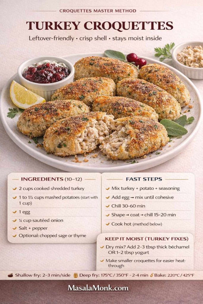 Turkey croquettes recipe card infographic showing golden, crispy turkey croquettes on a plate with lemon wedges, herbs, and cranberry sauce, plus ingredient list (shredded turkey, mashed potatoes, egg, onion, seasonings), fast mixing and chilling steps, tips to keep turkey croquettes moist, and cooking options for shallow fry, deep fry, bake, or air fry.