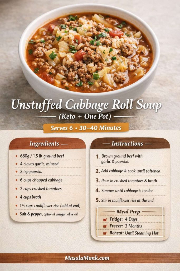 A bowl of unstuffed cabbage roll soup with ground beef, tender cabbage, tomatoes, and herbs in a tomato broth. Text overlay reads “Unstuffed Cabbage Roll Soup (Keto + One Pot)” plus a quick recipe card showing ingredients, 5 steps (brown beef with garlic and paprika, add cabbage, add tomatoes and broth, simmer, stir in cauliflower rice at end), and meal prep notes (fridge 4 days, freeze 3 months).