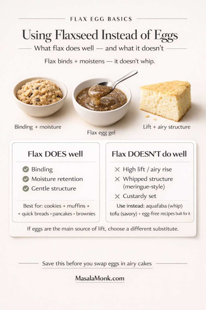 Vertical infographic titled “Using Flaxseed Instead of Eggs” with the subtitle “What flax does well — and what it doesn’t” and the line “Flax binds + moistens — it doesn’t whip.” It shows three photos: a bowl labeled “Binding + moisture,” a bowl of “Flax egg gel” with a spoon lift, and a cake slice labeled “Lift + airy structure.” Two cards explain: flax does well for binding, moisture retention, and gentle structure (best for cookies, muffins, quick breads, pancakes, brownies). Flax doesn’t do well for high lift/airy rise, whipped structure, or custardy set; use aquafaba for whipping, tofu for savory, or egg-free recipes built for that texture. MasalaMonk.com footer.