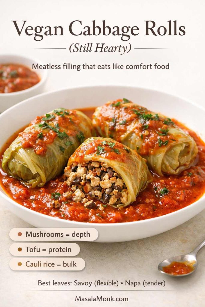 Vegan cabbage rolls in a rich tomato sauce on a white plate; one roll is cut open to show a hearty filling of crumbled tofu, mushrooms, and cauliflower rice. Text overlay reads “Vegan Cabbage Rolls (Still Hearty)” with notes: “Mushrooms = depth,” “Tofu = protein,” “Cauli rice = bulk,” and “Best leaves: Savoy (flexible) • Napa (tender).” MasalaMonk.com footer.