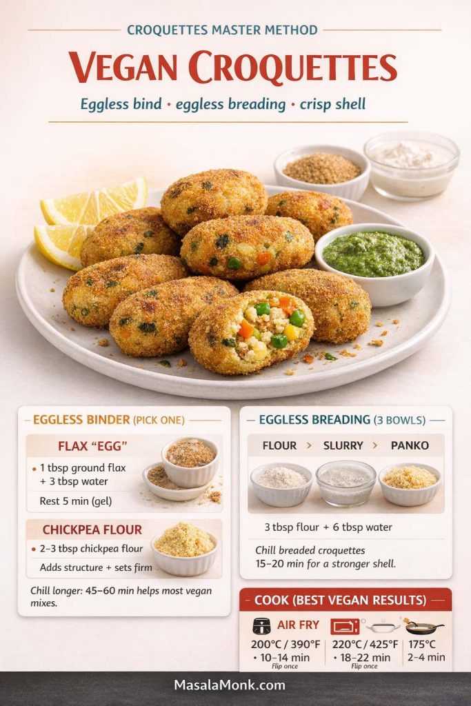 Vegan croquettes recipe infographic showing eggless binding options (flax egg or chickpea flour), eggless breading station (flour, slurry, panko), and cooking options for air fryer, oven, or frying, with MasalaMonk.com in the footer.