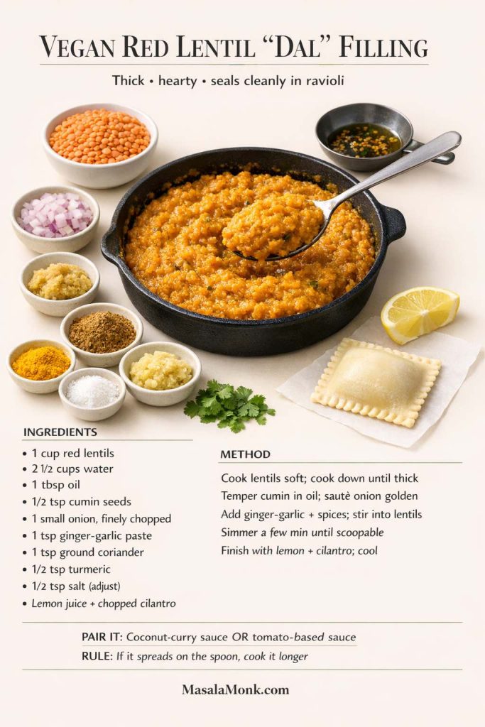Infographic titled “Vegan Red Lentil ‘Dal’ Filling” on a warm-cream background. A skillet of thick cooked red lentils is shown with a spoon lifting a scoop to demonstrate a scoopable, seal-friendly texture. Small bowls show red lentils, chopped onion, ginger-garlic paste, spices, and cumin tempering; lemon and cilantro sit beside a single ravioli to show use. Text lists ingredients, method, pairing ideas, and a rule to cook longer if it spreads.