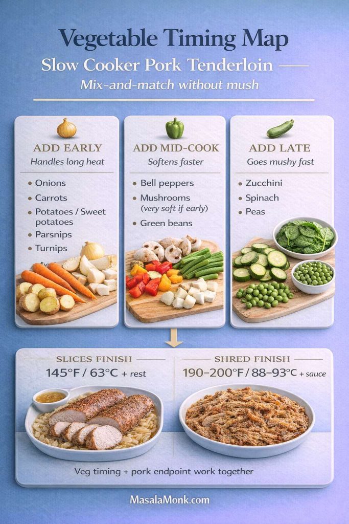 Infographic titled “Vegetable Timing Map — Slow Cooker Pork Tenderloin” showing three columns: Add Early (onions, carrots, potatoes/sweet potatoes, parsnips, turnips), Add Mid-Cook (bell peppers, mushrooms, green beans), and Add Late (zucchini, spinach, peas). Bottom strip shows finish endpoints: slices at 145°F/63°C plus rest, or shred at 190–200°F/88–93°C plus sauce. MasalaMonk.com footer.