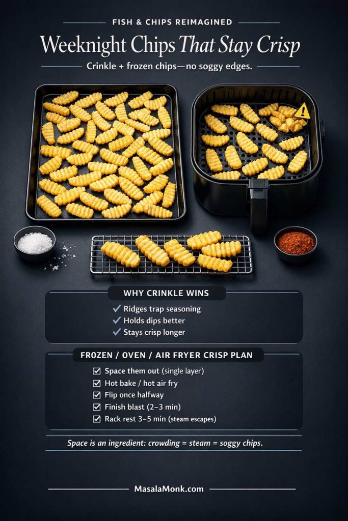 Weeknight fish and chips doesn’t have to mean soggy chips. This quick decoder shows why crinkle-cut chips grab seasoning better, plus the simple frozen chips crisp plan for oven or air fryer: single layer, hot cook, flip once, finish blast, then rack rest so steam escapes. Save this card for busy nights—then use it with any of the 5 Indian fish & chips twists (masala chips, chutney-mayo dips, thecha heat). Full step-by-step + twists on MasalaMonk.