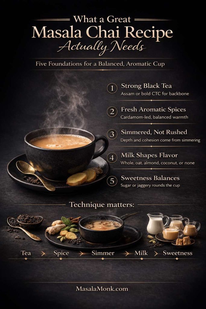 This masala chai foundations guide breaks down what actually makes a cup taste balanced: strong black tea, restrained spices, a proper simmer, the right milk choice, and just enough sweetness to bring everything together. Use it as a quick visual reference before the ingredient and base-method sections so your masala chai recipe starts with the right structure, not guesswork.