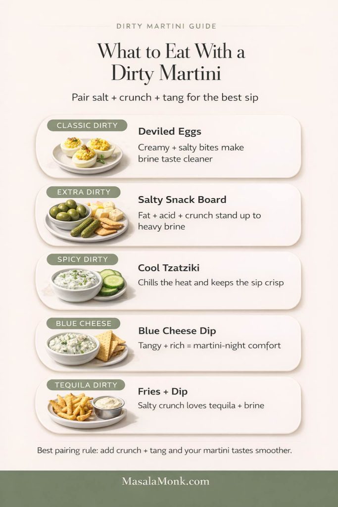 Vertical “Dirty Martini Guide” infographic titled “What to Eat With a Dirty Martini” with five pairing cards: Classic Dirty—deviled eggs; Extra Dirty—salty snack board (olives, pickles, cheese, crackers); Spicy Dirty—cool tzatziki with cucumber; Blue Cheese—blue cheese dip with crackers; Tequila Dirty—fries with dip. Bottom tip says adding crunch and tang makes the martini taste smoother. MasalaMonk.com footer.