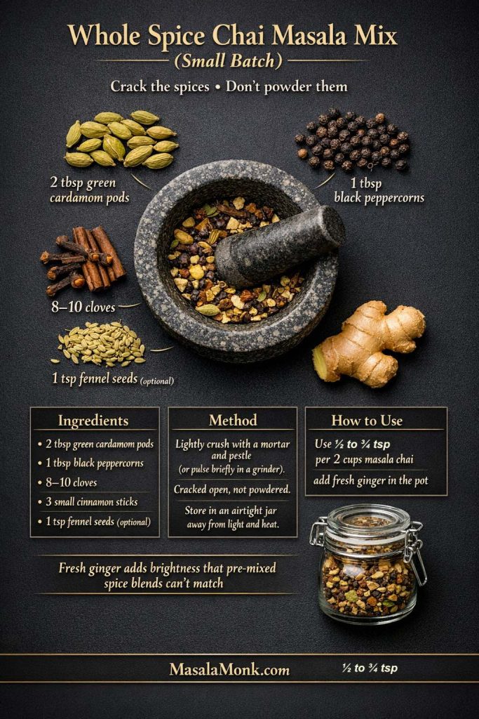Whole spice chai masala mix small-batch recipe card in a dark luxe layout showing a mortar and pestle, cardamom, black peppercorns, cloves, cinnamon, fennel seeds, and a storage jar, with instructions to crack spices (not powder) and use 1/2 to 3/4 teaspoon per 2 cups chai.