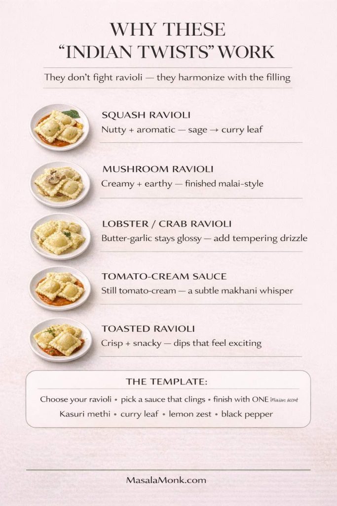 Infographic: “Why these Indian twists work” for ravioli—squash (sage to curry leaf), mushroom (malai-style finish), lobster/crab (tempering drizzle), tomato-cream (subtle makhani whisper), and toasted ravioli (crisp snacky dips), plus a simple template to choose ravioli, use a clingy sauce, and finish with one Indian accent.