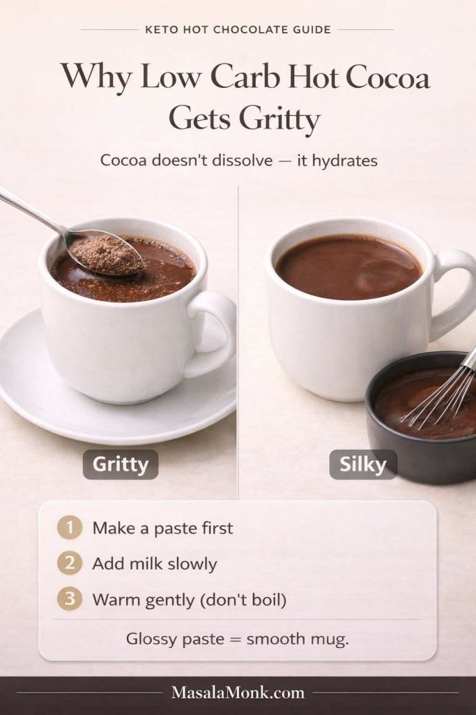Infographic explaining why low carb hot cocoa gets gritty, showing a “gritty” mug with undissolved cocoa versus a “silky” mug made by creating a cocoa paste first, with quick steps to make smooth keto hot chocolate.