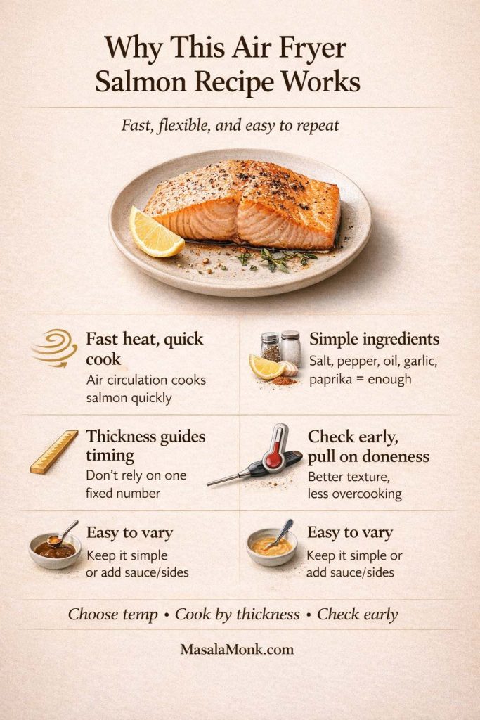 Why this air fryer salmon recipe works: this visual method guide shows the simple logic behind consistently good salmon in the air fryer—fast circulating heat, minimal ingredients, thickness-based timing, early doneness checks, and easy flavor flexibility for weeknight dinners.