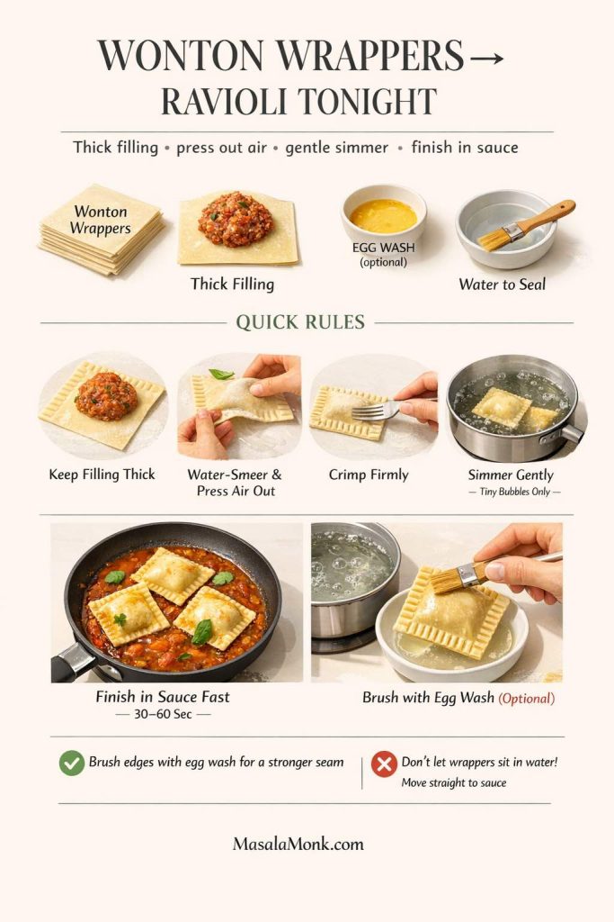 Infographic titled “Wonton Wrappers → Ravioli Tonight” showing a quick method to use square wonton wrappers as ravioli: add thick filling, smear water to seal, press air out, crimp with a fork, simmer gently (tiny bubbles), then finish ravioli in warm sauce for 30–60 seconds. Notes include optional egg wash for stronger seams and a warning not to let wrappers sit in water. MasalaMonk.com footer.