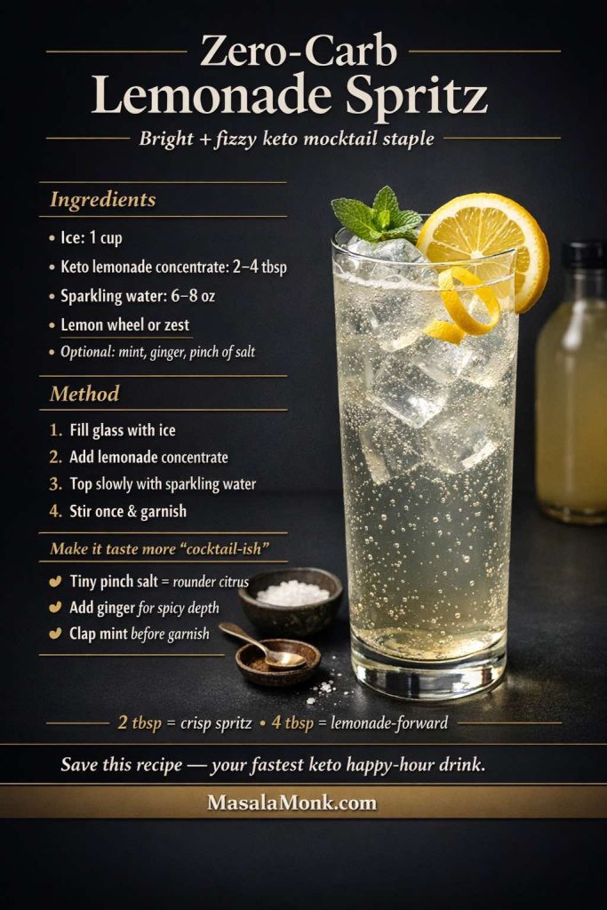 Dark luxury recipe-card infographic for a Zero-Carb Lemonade Spritz keto mocktail, showing a sparkling lemon drink with ice, lemon wheel garnish, and lemonade concentrate bottle, plus ingredients, method steps, and tips for making a low carb sugar free mocktail taste more cocktail-like.