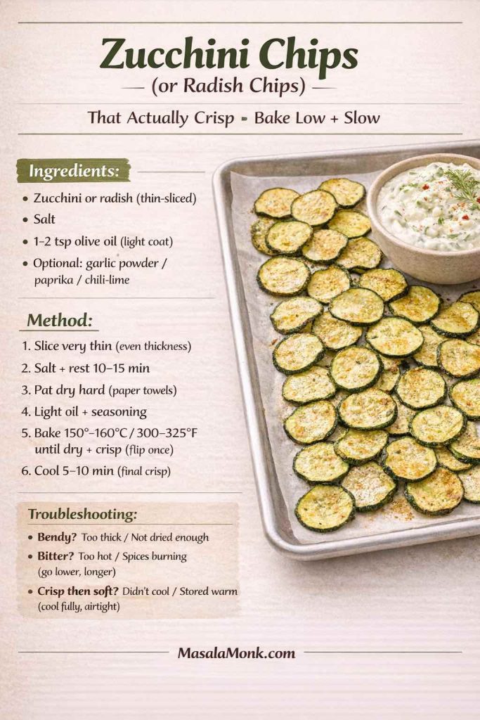 Recipe card titled “Zucchini Chips (or Radish Chips) That Actually Crisp.” It shows thin-sliced zucchini chips baked on a parchment-lined tray beside a bowl of creamy dip. The card lists ingredients (zucchini or radish, salt, light olive oil, optional seasonings) and steps: slice thin, salt and rest 10–15 minutes, pat very dry, lightly oil, bake 150–160°C / 300–325°F, flip once, cool for final crisp. It includes troubleshooting tips for bendy, bitter, or chips that soften after crisping, with MasalaMonk.com at the bottom.
