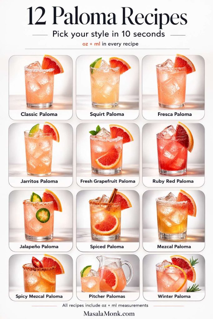 Use this as your quick-pick menu: choose your Paloma style in seconds (classic soda, fresh grapefruit, spicy, mezcal, or pitcher), then scroll to the matching recipe below—every version includes oz + ml measurements.