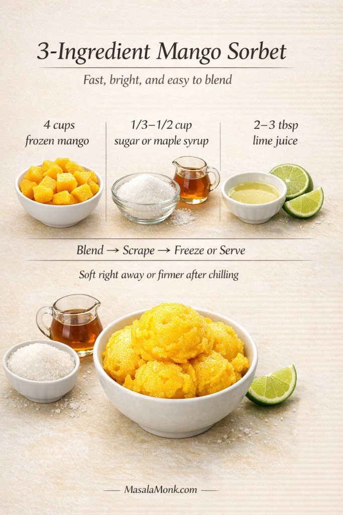 Recipe card for 3 ingredient mango sorbet showing frozen mango, sugar or maple syrup, lime juice, quick method steps, and a bowl of bright mango sorbet.