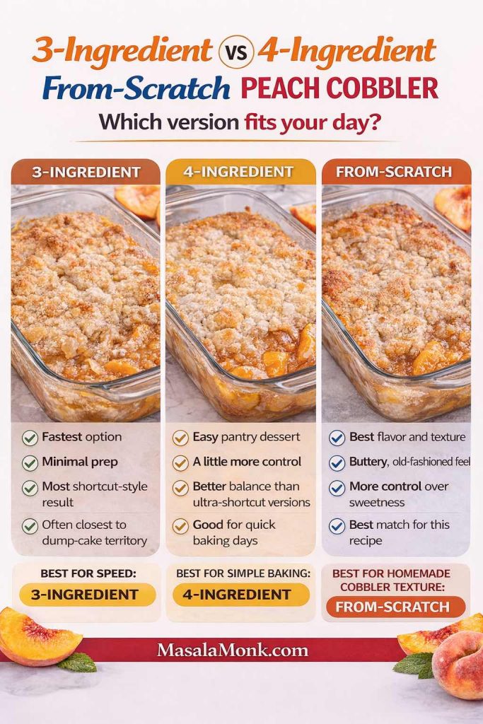 Three-way comparison infographic showing 3-ingredient vs 4-ingredient vs from-scratch peach cobbler, explaining that the 3-ingredient version is fastest, the 4-ingredient version is a simple pantry dessert, and the from-scratch version gives the best buttery old-fashioned texture.