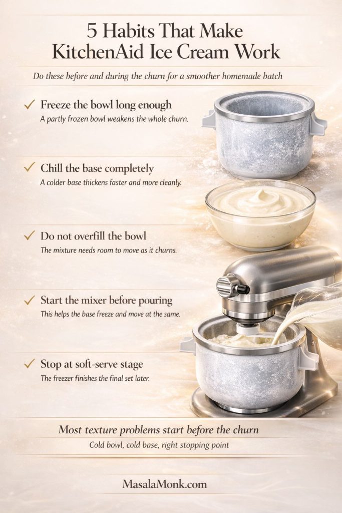 KitchenAid ice cream success checklist showing five habits for smoother homemade ice cream: freeze the bowl long enough, chill the base completely, do not overfill the bowl, start the mixer before pouring, and stop at the soft-serve stage.