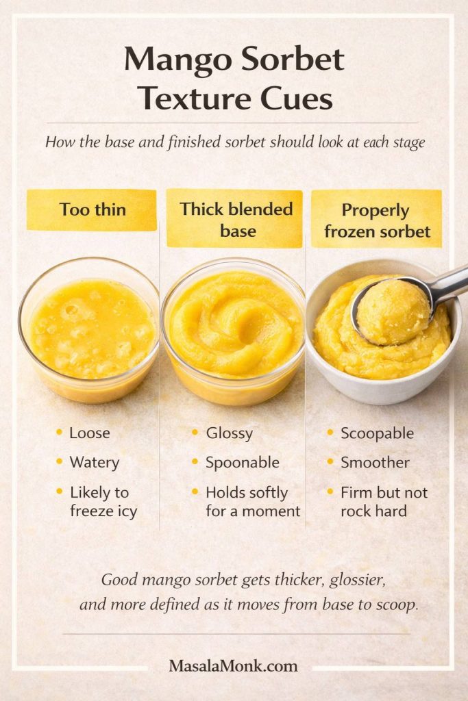 Mango sorbet texture guide showing three stages of a mango sorbet recipe: a thin watery base that may freeze icy, a thick glossy blended base that is spoonable, and properly frozen mango sorbet that is smooth, scoop-able, and firm but not rock hard.