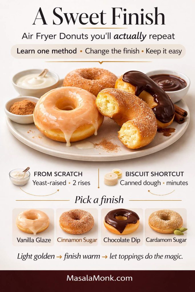 Closing infographic titled “A Sweet Finish” for air fryer donuts, showing a plate of donuts with four finish options—vanilla glaze, cinnamon sugar, chocolate dip, and cardamom sugar—plus a two-path choice between from-scratch yeast-raised donuts (two rises) and biscuit shortcut donuts (canned dough, minutes), with the takeaway “Light golden → finish warm → let toppings do the magic.”