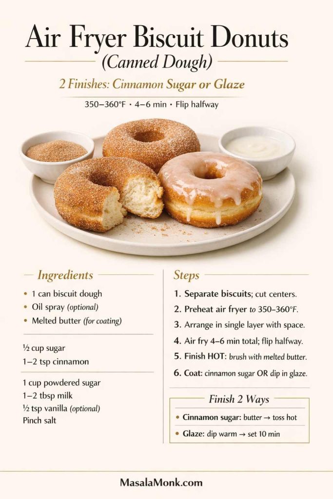 This is the fastest way to make donuts from canned biscuit dough in the air fryer. Follow the recipe card for air fryer biscuit donuts—cook at 350–360°F for 4–6 minutes and flip halfway—then finish hot with melted butter and either cinnamon sugar or a simple glaze for a donut-shop style bite.