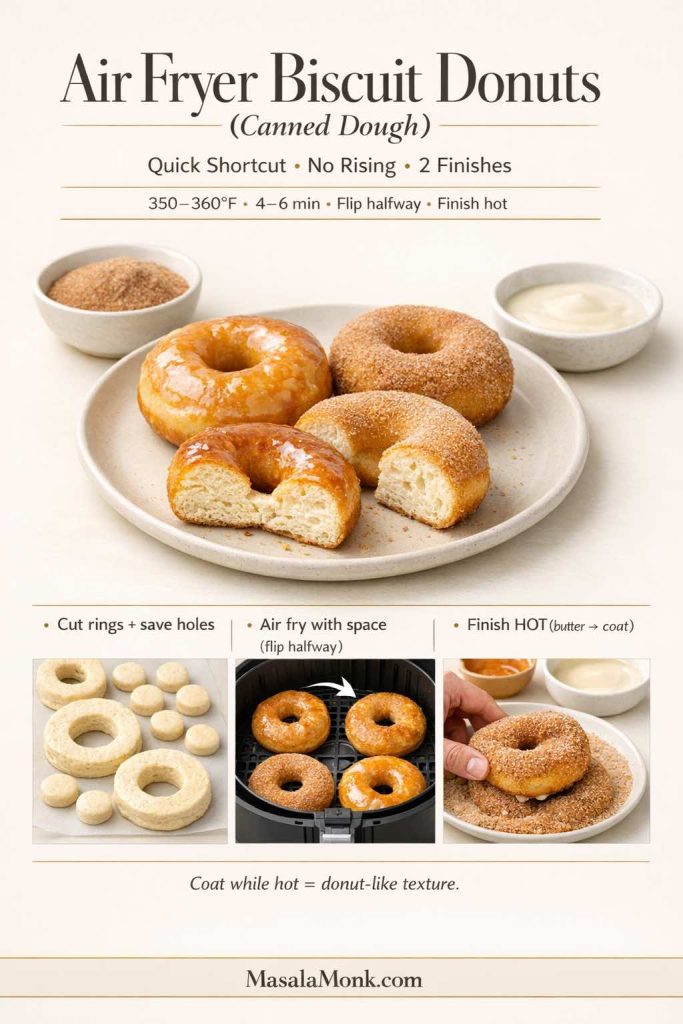 Section master infographic titled “Air Fryer Biscuit Donuts (Canned Dough)” showing glazed and cinnamon sugar donuts with a quick method strip: cut rings and save holes, air fry with space at 350–360°F for 4–6 minutes and flip halfway, then finish hot with butter and coating for donut-like texture.