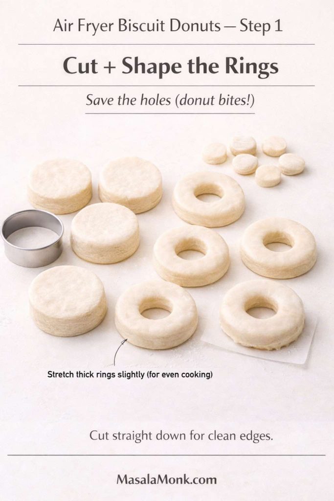Air fryer biscuit donuts Step 1 showing biscuit dough rounds cut into donut rings with donut holes saved for bites, with tip to cut straight down for clean edges.