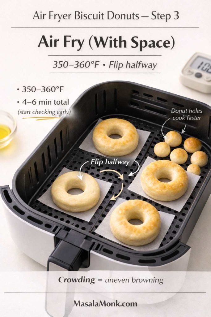 Air fryer biscuit donuts Step 3 showing donut rings spaced in an air fryer basket at 350–360°F with instructions to flip halfway and note that donut holes cook faster.