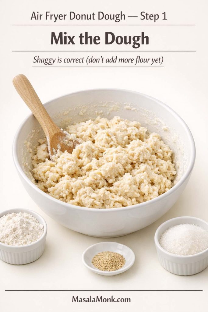 Air fryer donut dough Step 1 showing shaggy mixed dough in a bowl with text “Mix the Dough” and note that shaggy dough is correct before adding more flour.