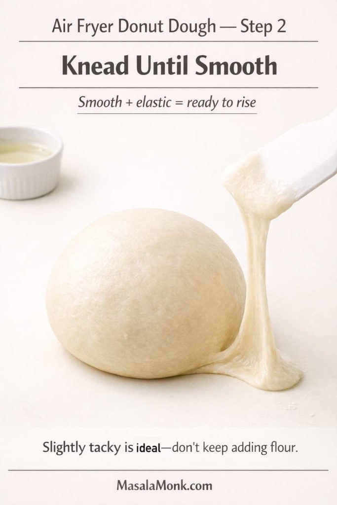 Air fryer donut dough Step 2 showing a smooth dough ball being stretched to show elasticity, with text “Knead Until Smooth” and note that smooth and elastic dough is ready to rise.