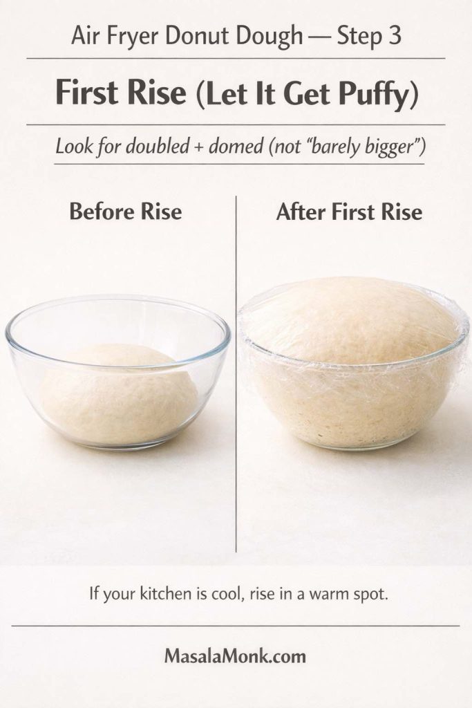 Air fryer donut dough Step 3 infographic showing before and after first rise in a bowl, highlighting dough that is doubled and domed after rising.