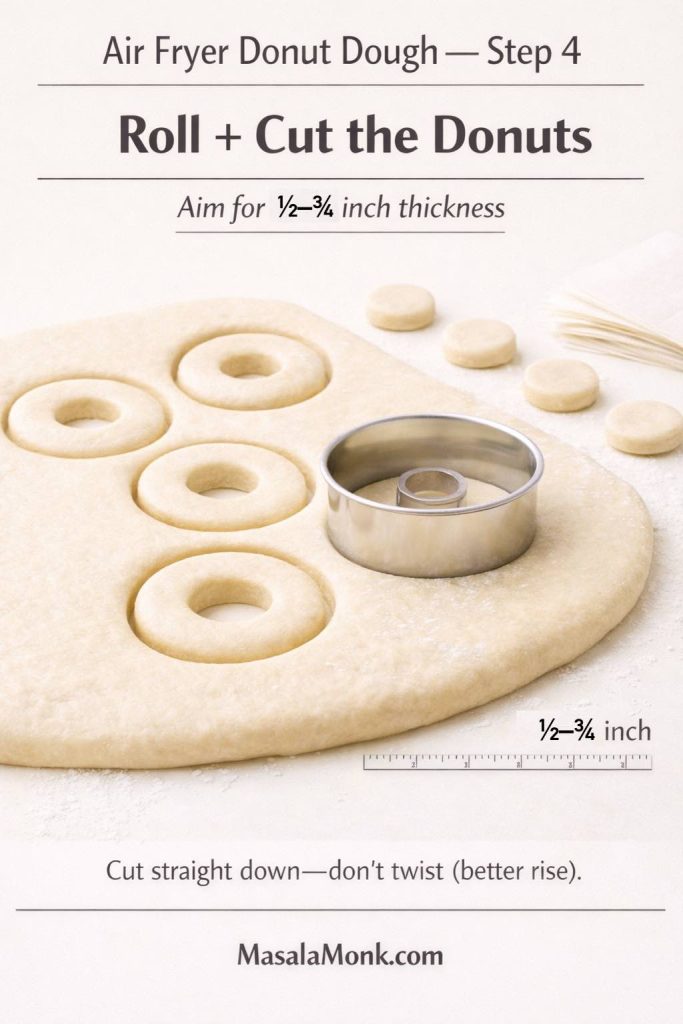 Air fryer donut dough Step 4 showing rolled dough being cut into donut rings with a cutter, with guidance to roll to 1/2 to 3/4 inch thickness and cut straight down.