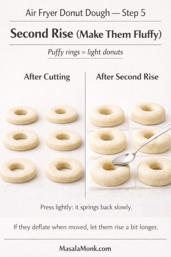 Air fryer donut dough Step 5 showing donuts after cutting versus after the second rise, highlighting puffier rings that spring back slowly when pressed.