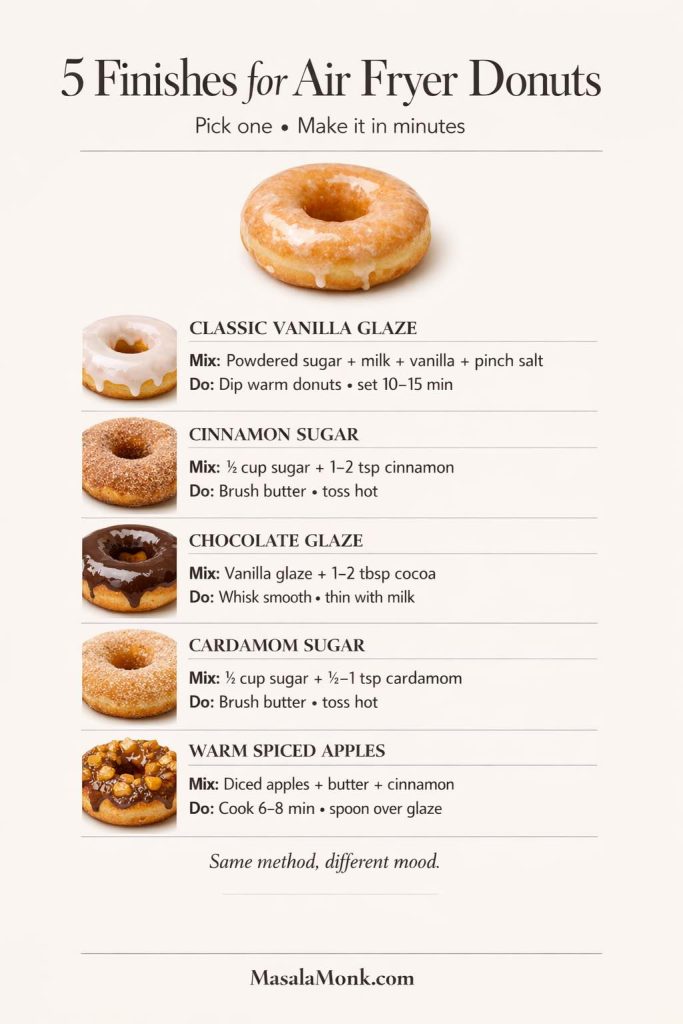 Keep air fryer donuts exciting with quick finishes you can do in minutes. This guide gives five easy topping ideas—classic glaze, cinnamon sugar, chocolate glaze, cardamom sugar, and warm spiced apples—each with a simple mix + do method so your homemade air fryer donuts or biscuit donuts feel new every time.