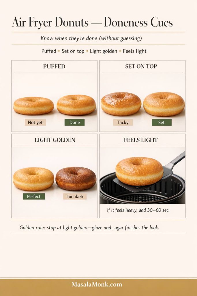 Don’t overcook air fryer donuts chasing color. Use these doneness cues: look for donuts that are puffed, dry and set on top, and light golden—not deep brown. If a donut feels heavy when lifted, add 30–60 seconds, then check again. Once you learn these signs, donuts in the air fryer become a reliable method, not guesswork.