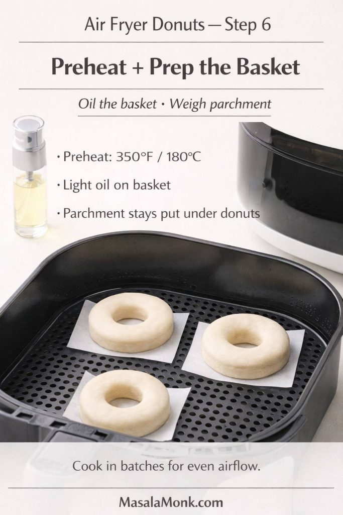 Air fryer donuts Step 6 showing donuts on parchment squares inside an air fryer basket, with instructions to preheat to 350°F/180°C, lightly oil the basket, and weigh parchment under donuts.