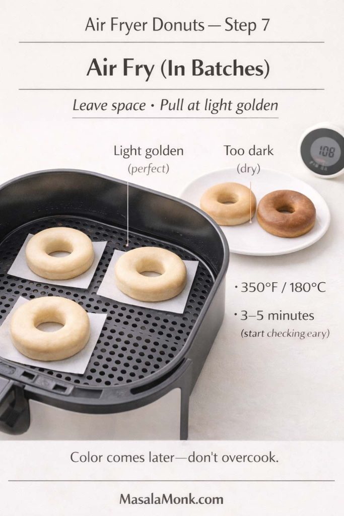 Air fryer donuts Step 7 showing donuts spaced in an air fryer basket with a comparison of light golden versus too dark donuts, plus 350°F and 3–5 minutes guidance.