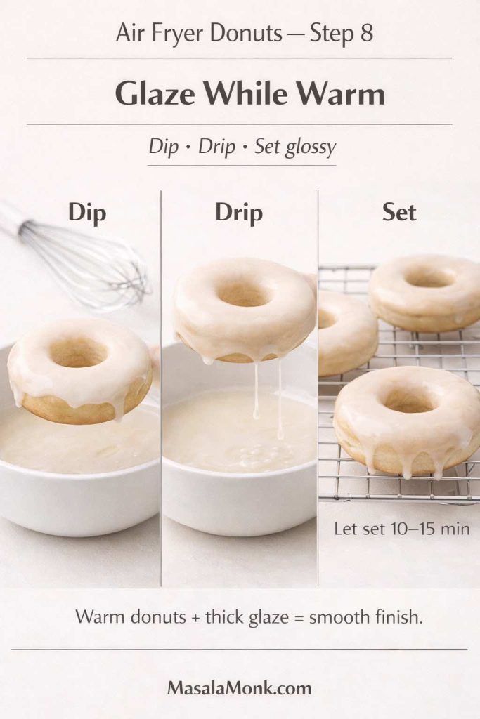 Air fryer donuts Step 8 showing a three-panel sequence—dip, drip, and set—demonstrating glazing warm donuts and letting the glaze set for 10 to 15 minutes.