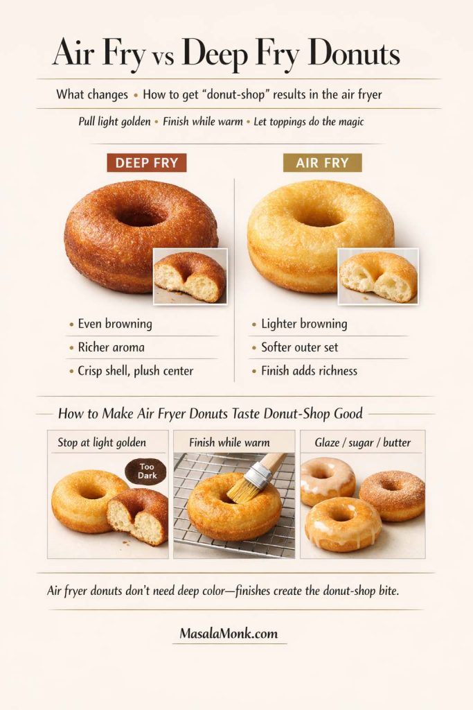 Air fryer donuts don’t cook like deep-fried donuts—and that’s the point. Use this comparison to set expectations (lighter browning, softer outer set) and get better results: pull donuts at light golden, finish while warm, and let glaze, cinnamon sugar, or butter create that donut-shop bite without overcooking.
