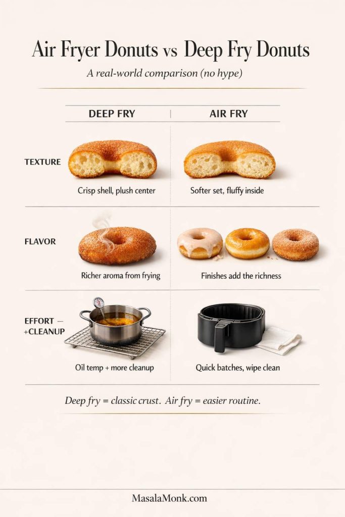 Infographic titled “Air Fryer Donuts vs Deep Fry Donuts” comparing deep fry and air fry across texture, flavor, and effort/cleanup: deep fry shows crisp shell and plush center with richer frying aroma but requires oil temperature control and more cleanup; air fry shows softer set and fluffy inside, finishes add richness, and quick batches with easy wipe-clean cleanup.