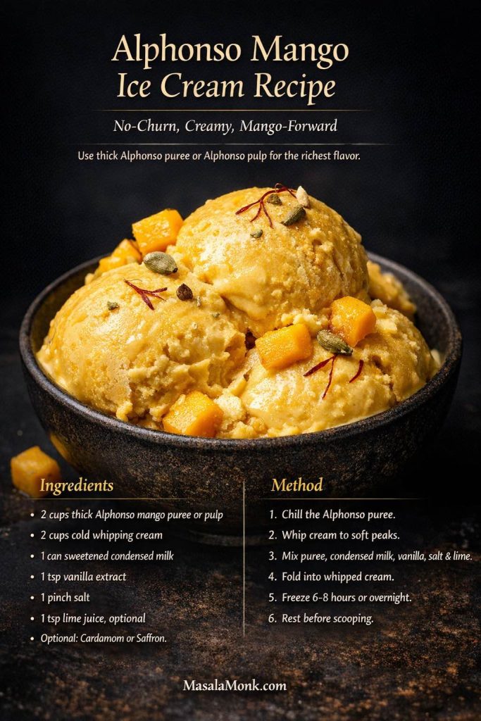 Photo recipe card for Alphonso mango ice cream showing rich golden scoops in a dark bowl with saffron, cardamom, mango cubes, and a no-churn method overlay.