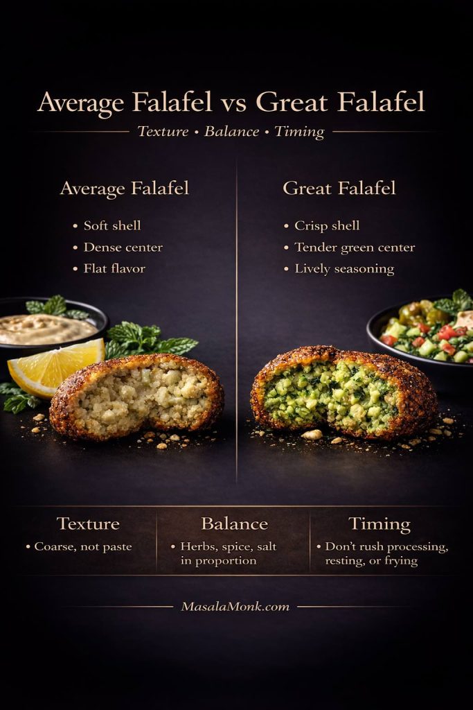 The difference between average falafel and memorable falafel usually comes down to a few details that are easy to overlook. A softer shell, denser center, and flatter flavor often come from rushed processing, weak herb balance, or timing that is just slightly off, while great falafel keeps its contrast: crisp outside, tender green center, and seasoning that feels lively instead of dull. Seeing those differences side by side makes it much easier to understand what you are actually aiming for before you cook the next batch.