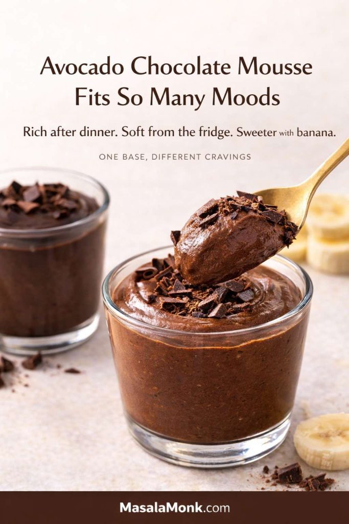 Editorial avocado chocolate mousse image showing a rich glossy chocolate mousse in a glass with a spoon lifting a silky scoop, with subtle banana and chocolate cues to show how the dessert can shift between richer, softer, and sweeter moods.
