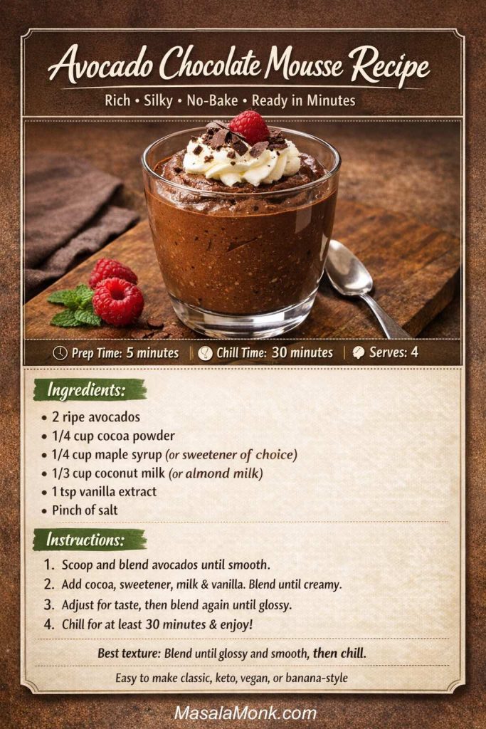 Avocado chocolate mousse recipe card showing a rich no-bake chocolate dessert made with ripe avocado, cocoa powder, maple syrup, milk, vanilla, and salt, with quick prep time, chill time, servings, ingredients, and simple step-by-step instructions.