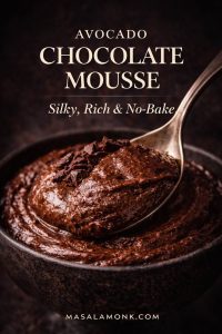 This avocado chocolate mousse is all about texture: dark, glossy, silky, and deeply chocolatey without feeling heavy. The close-up spoon shot shows exactly what makes this dessert so appealing—a rich no-bake mousse that feels luxurious while still being easy to make. If you are wondering how creamy avocado chocolate mousse can really be, this image gives the answer before the first bite. Read on for the full avocado chocolate mousse recipe, texture tips, keto and vegan variations, and the small details that make it turn out beautifully.